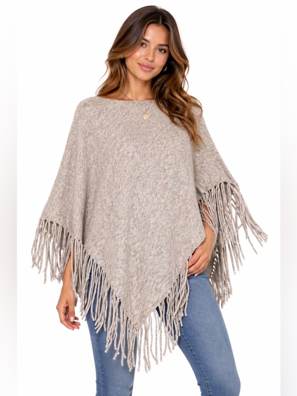 Elan One Size Angora Hair Blend Gray Fringe Poncho
